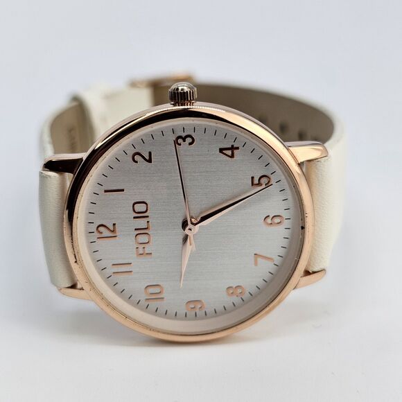 Folio Women's Watch 32MM Light Gray Dial Cream Faux Leather Bands New Battery - Picture 1 of 14